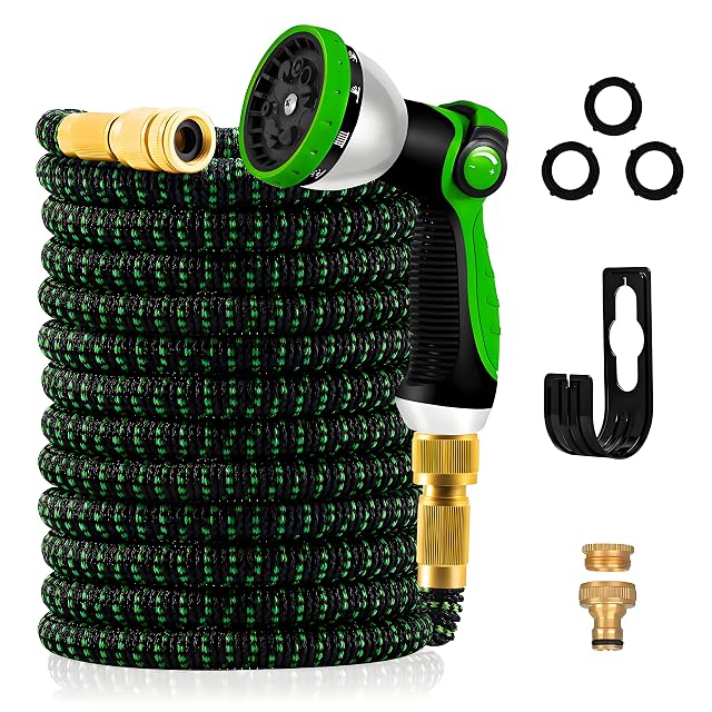 Tuyau d’arrosage extensible avec pistolet dix jets et crochet