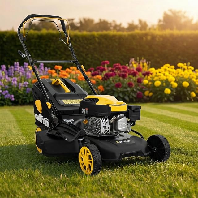 Tondeuse thermique autotractée jaune Craftfull CR-139-30 avec bac de ramassage