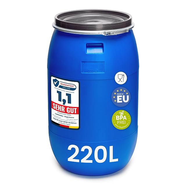 Fût HDPE bleu de 220 litres à large ouverture avec cercle de serrage métallique