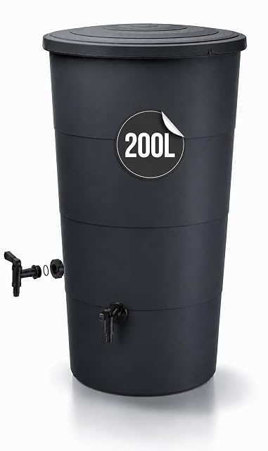 Récupérateur d’eau rond anthracite de 200 litres avec robinet
